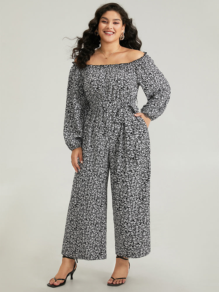 Ditsy Floral Off Shoulder Pocket Belted Jumpsuit