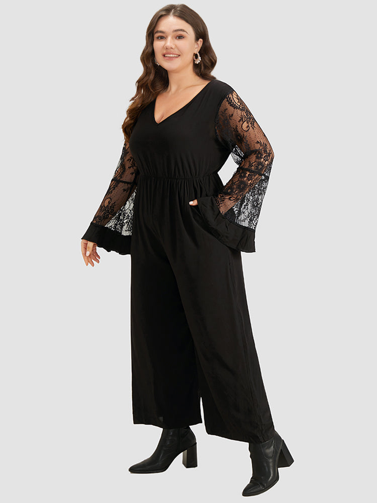 Halloween Plain Mesh Eyelet Lace Pocket Jumpsuit