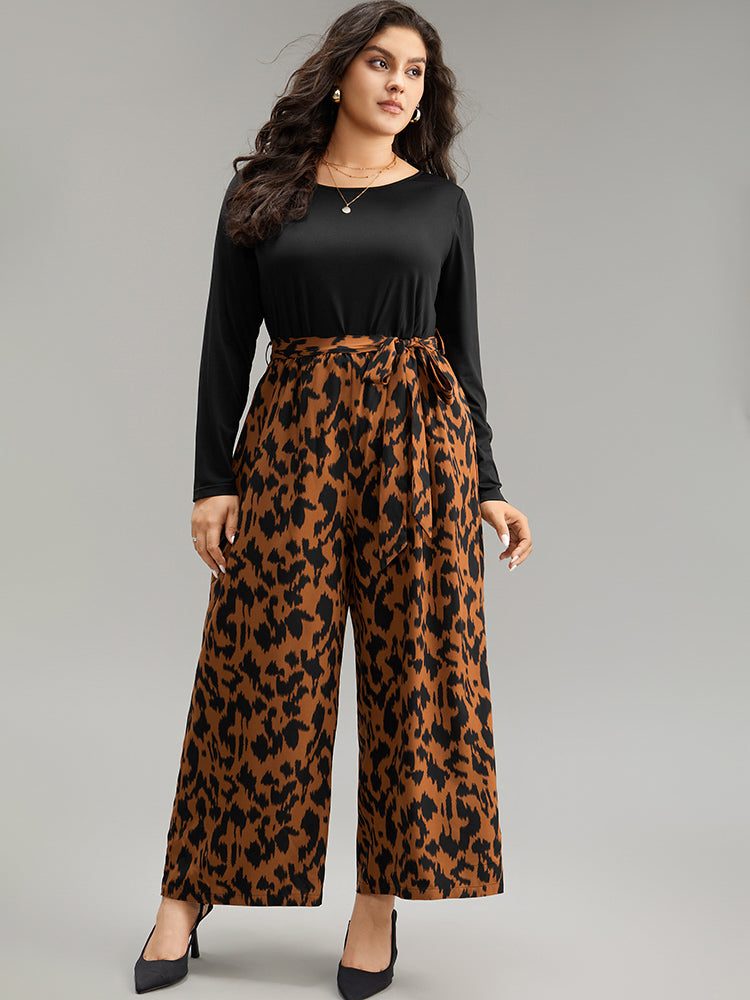 Leopard Patchwork Pocket Belted Long Sleeve Jumpsuit