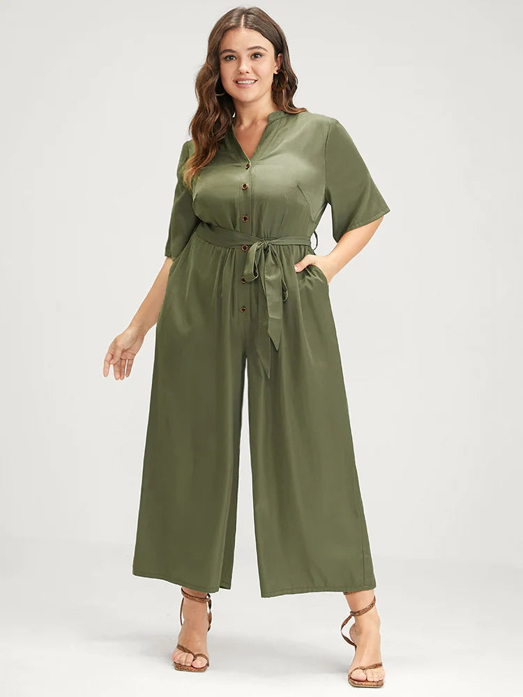 Solid Pocket Button Belted Jumpsuit