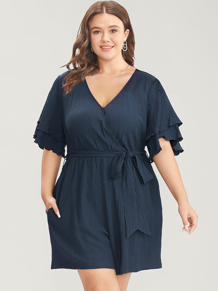 Plain Surplice Neck Ruffle Sleeve Pocket Belted Romper