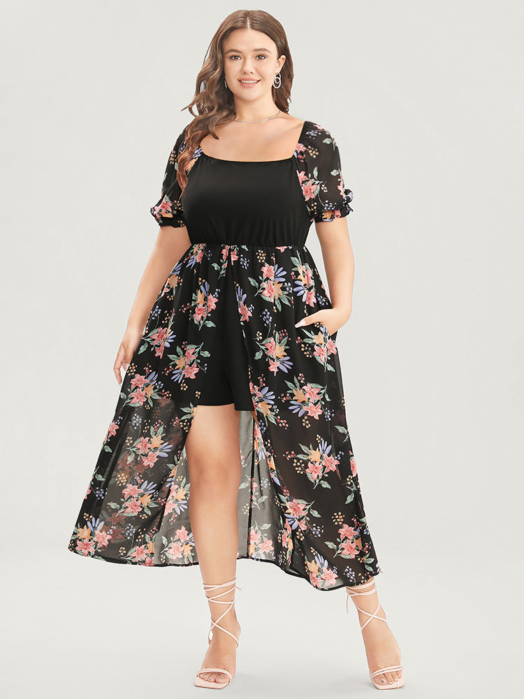 Floral Pocket Split Front Chiffon Overlay Romper