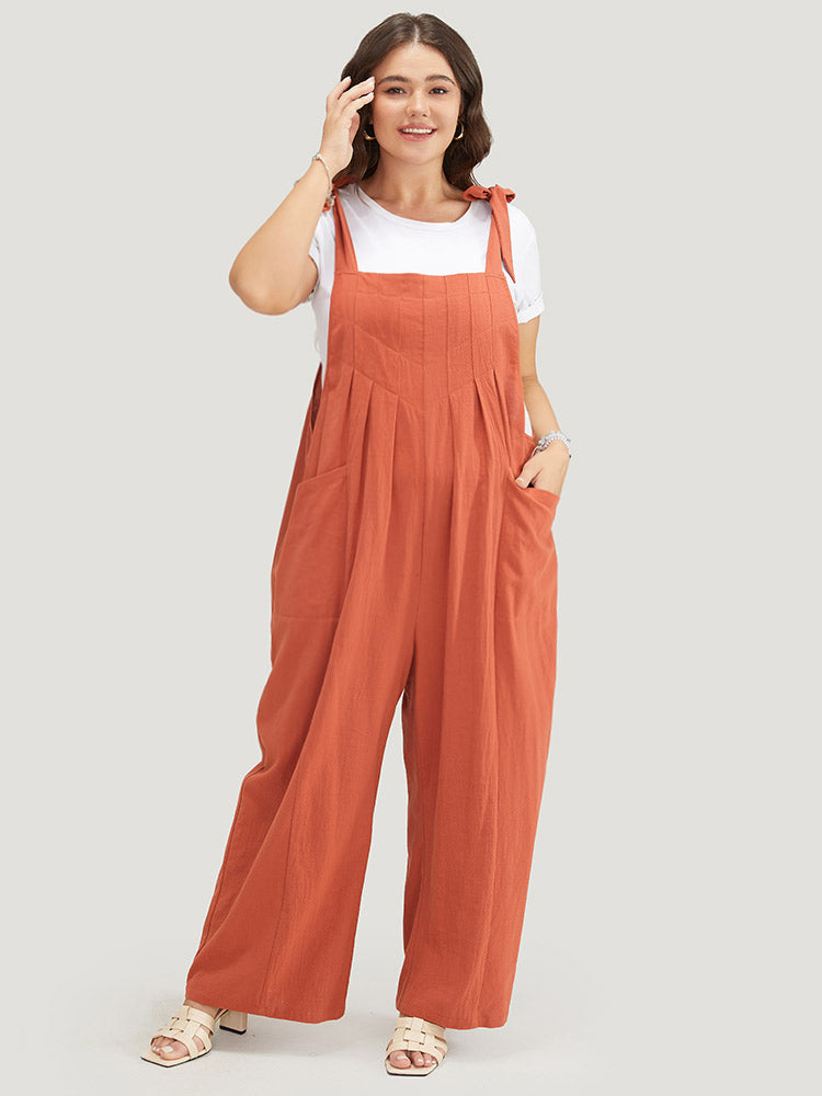 Solid Pleated Detail Pocket Knotted Shoulder Overall Jumpsuit