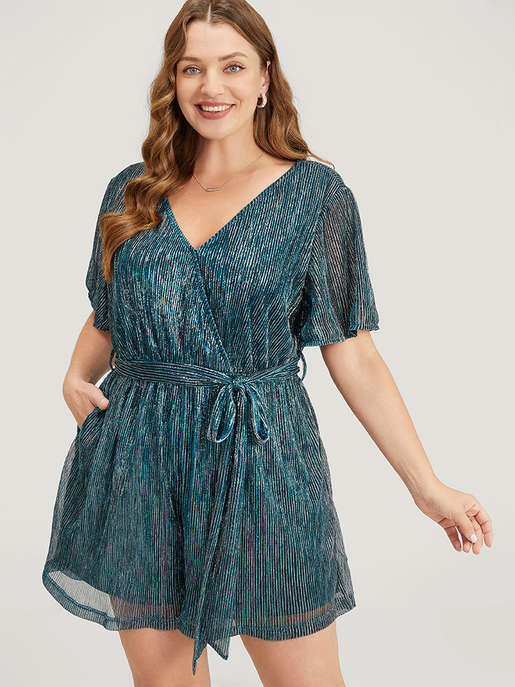 Glitter Wrap Mesh Ruffle Sleeve Belted Pocket Romper