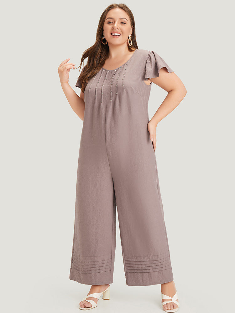 Plain Pleated Detail Rivets Pocket Zip Jumpsuit