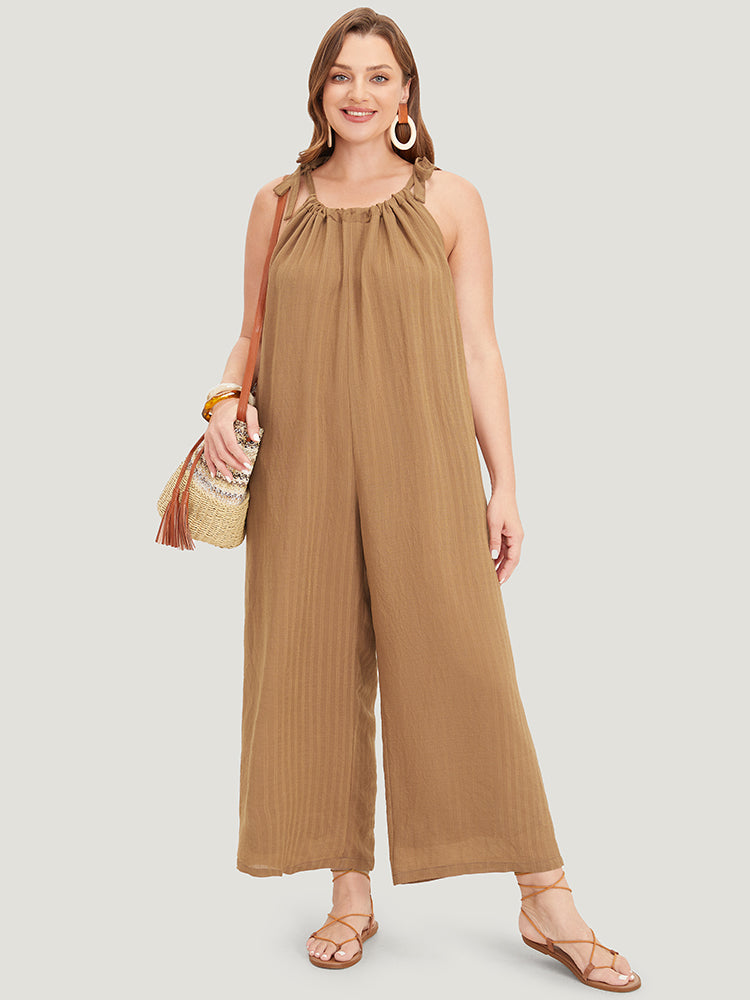 Plain Textured Pocket Halter Tie Overall Jumpsuit