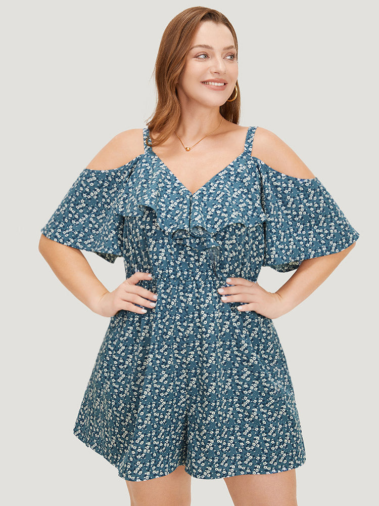 Ditsy Floral Pocket Zipper Ruffle Cold Shoulder Romper