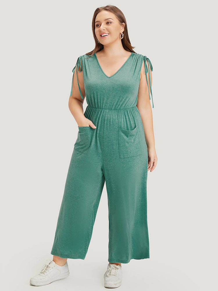 Plain Patched Pocket Zipper Drawstring Shoulder Jumpsuit