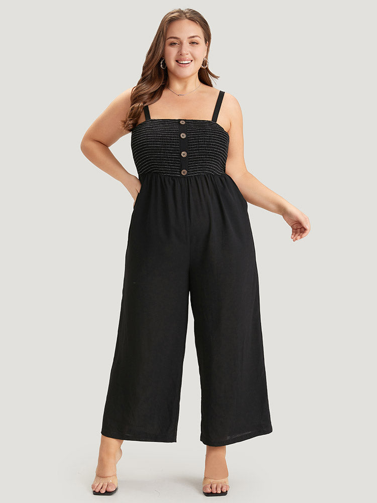 Striped Patchwork Pocket Button Detail Shirred Cami Jumpsuit