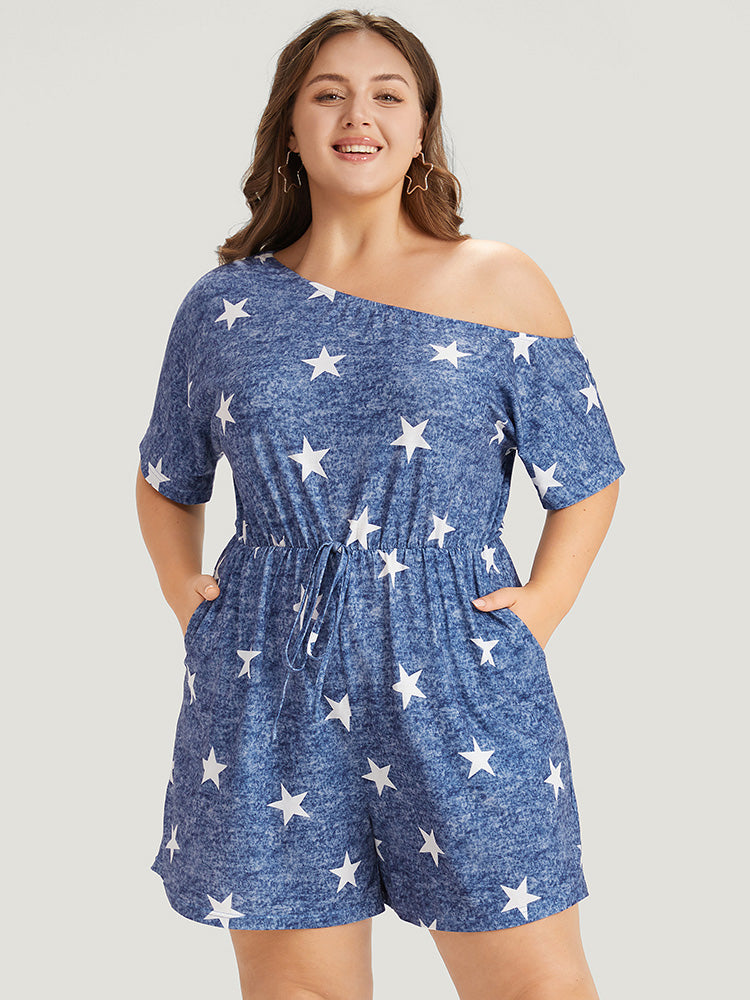 Star Print One Shoulder Bowknot Romper