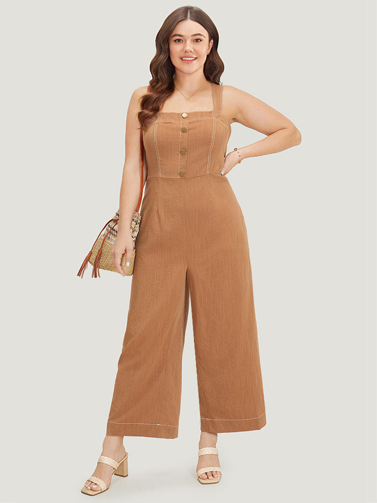 Solid Button Detail Pocket Stitch Zipper Cami Jumpsuit