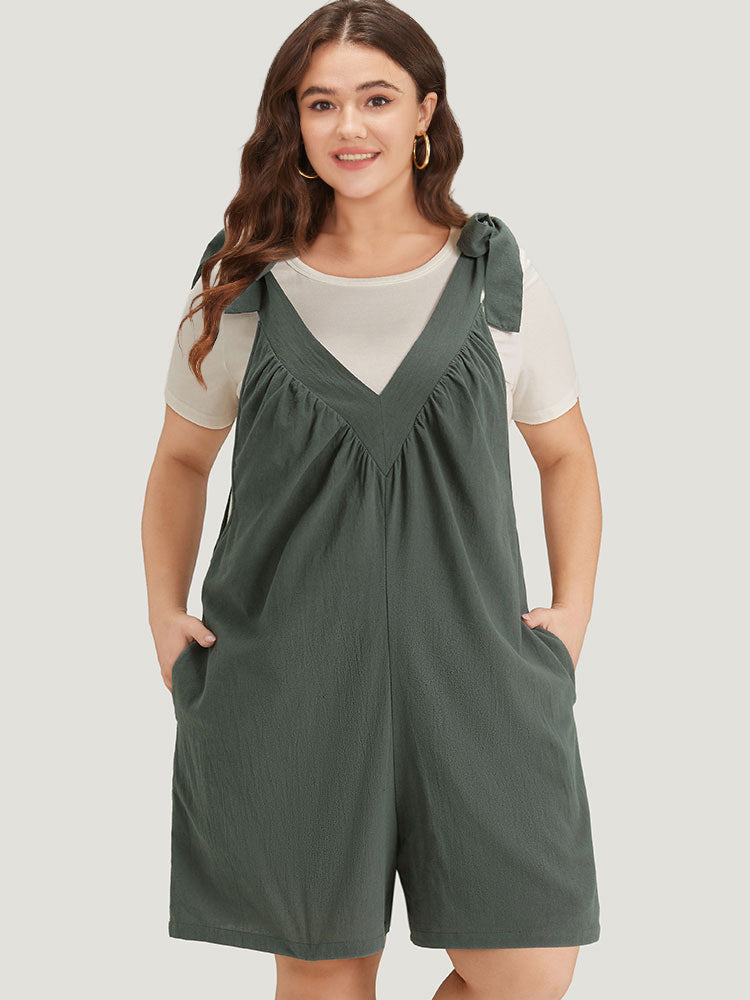 Plain Bowknot Gathered Pocket Overall Jumpsuit