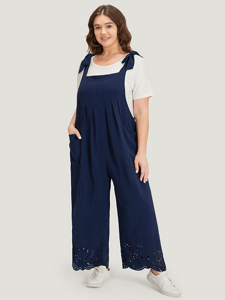 Solid Pleated Patched Pocket Laser Cut Overall Jumpsuit