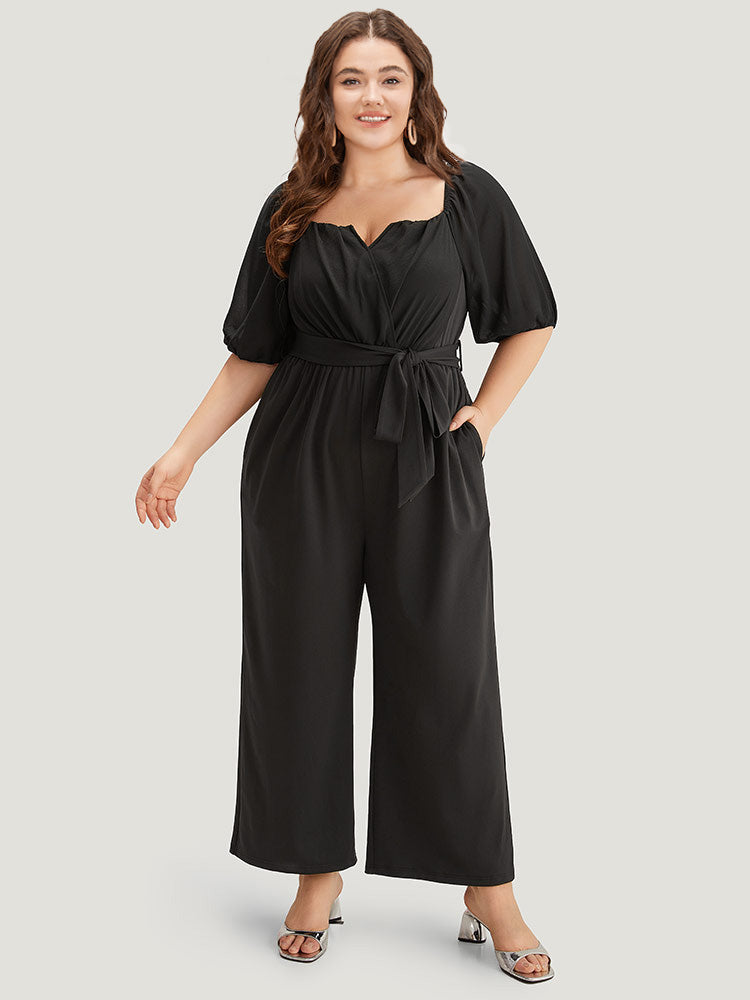 Plain Square Neck Pocket Belted Zipper Jumpsuit