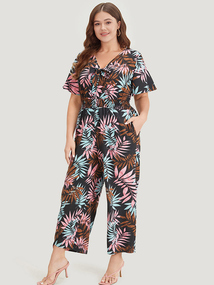 Tropical Print Knot Neck Shirred  Wrap Jumpsuit