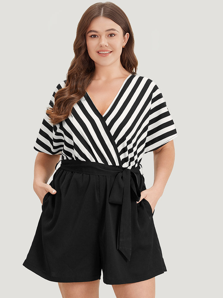 Striped Patchwork Pocket Batwing Sleeve Belted Romper