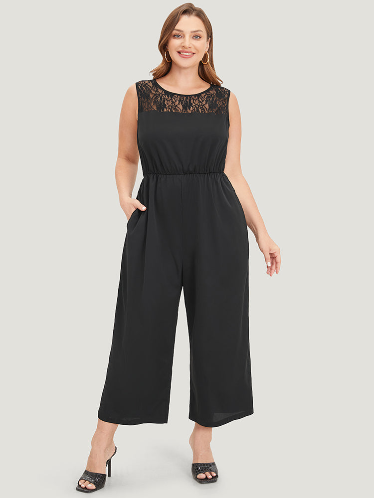 Solid Lace Mesh Pocket Sleeveless Jumpsuit