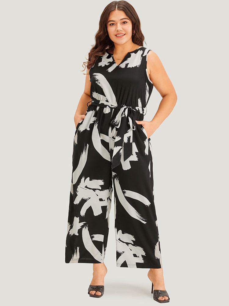 Brush Print Notched Pocket Sleeveless Belted Jumpsuit