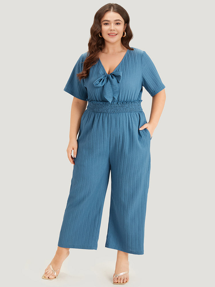 Textured Bowknot V Neck Shirred Pocket Jumpsuit