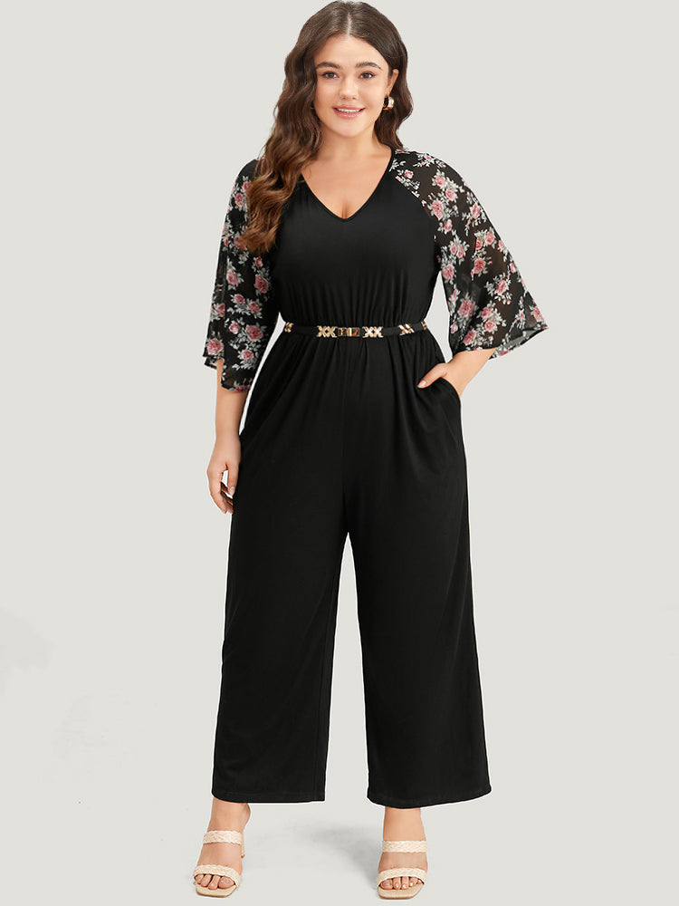 Floral Print Ruffles V Neck Raglan Sleeve Jumpsuit