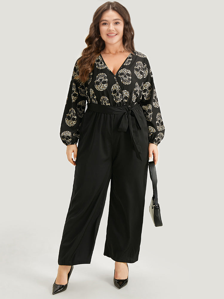 Halloween Skull Print Pocket Elastic Waist Belted Jumpsuit