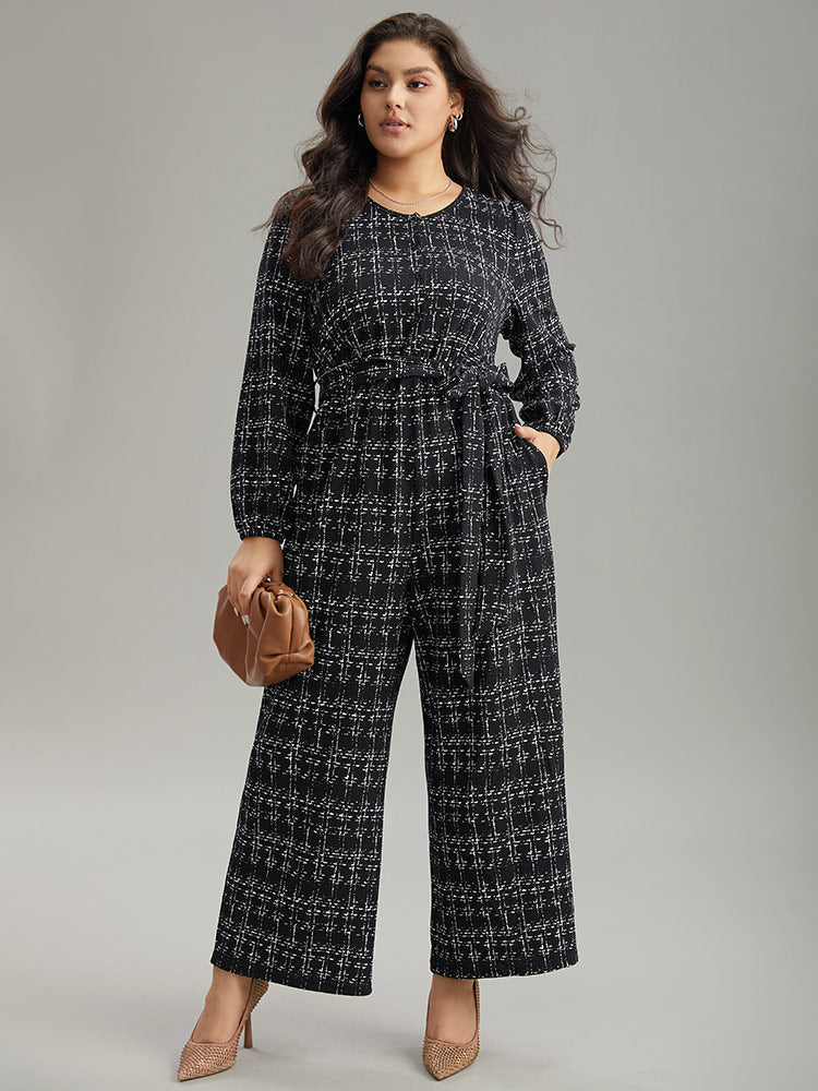 Textured Button Up Elastic Waist Belted Jumpsuit