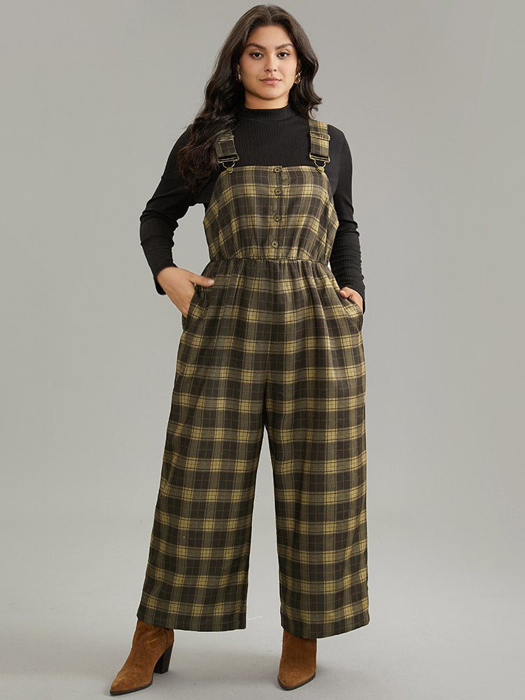 Plaid Adjustable Straps Pocket Elastic Waist Jumpsuit