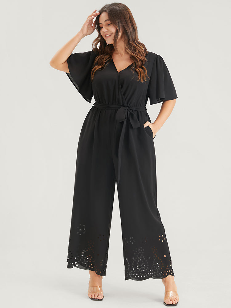 Plain Scalloped Pocket Ruffles Button Belted Laser Cut Wrap Jumpsuit