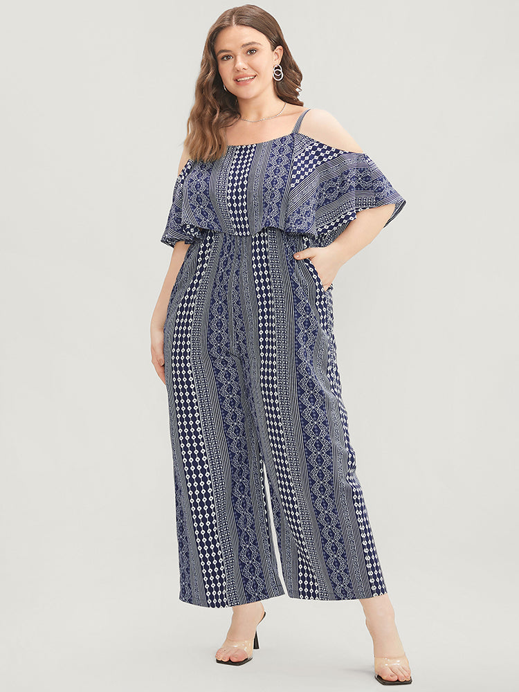 Striped Geometric Pocket Ruffles Cold Shoulder Jumpsuit