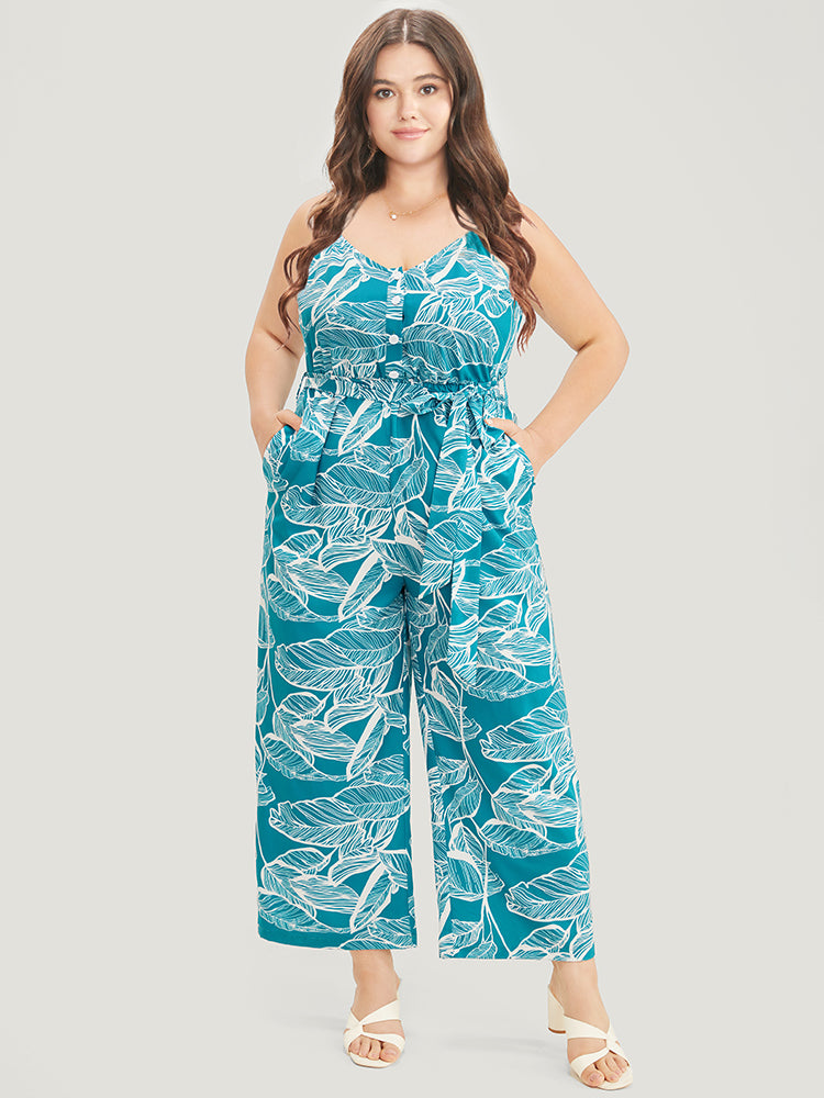 Plant Print Button Through Pocket Belt Cami Jumpsuit