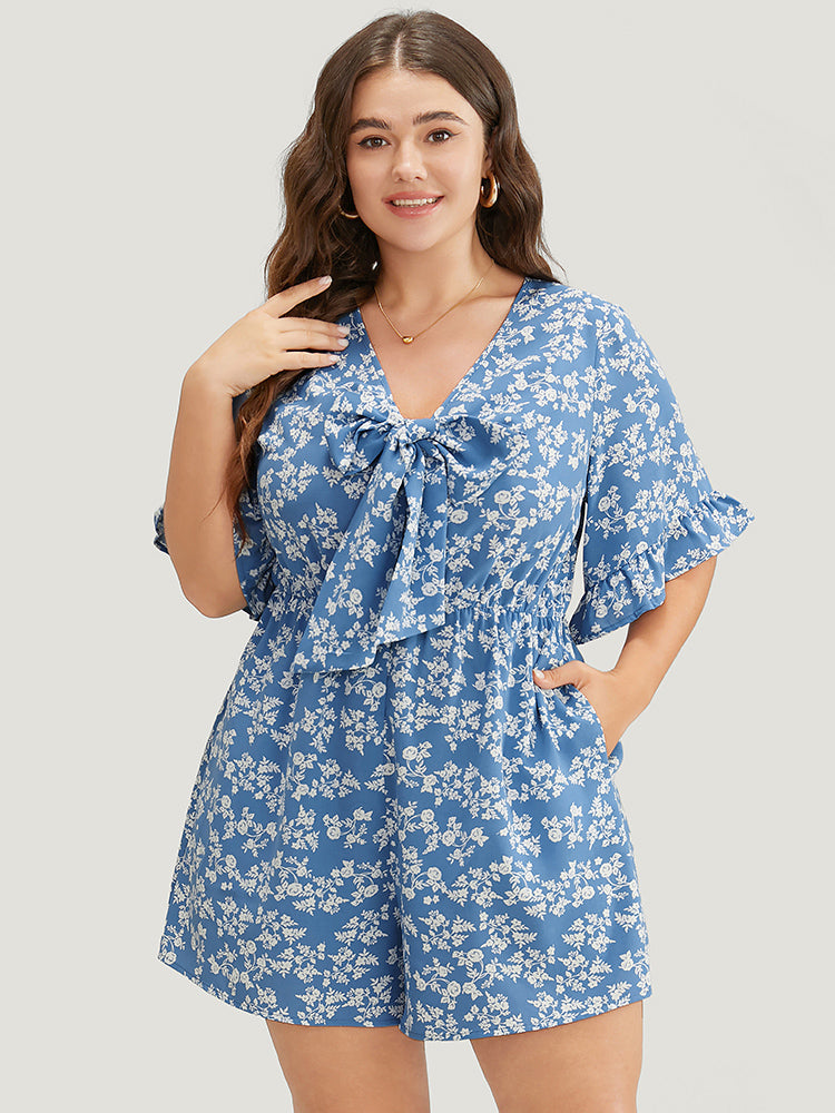 Ditsy Floral Ruffle Trim Pocket Knotted V Neck Romper