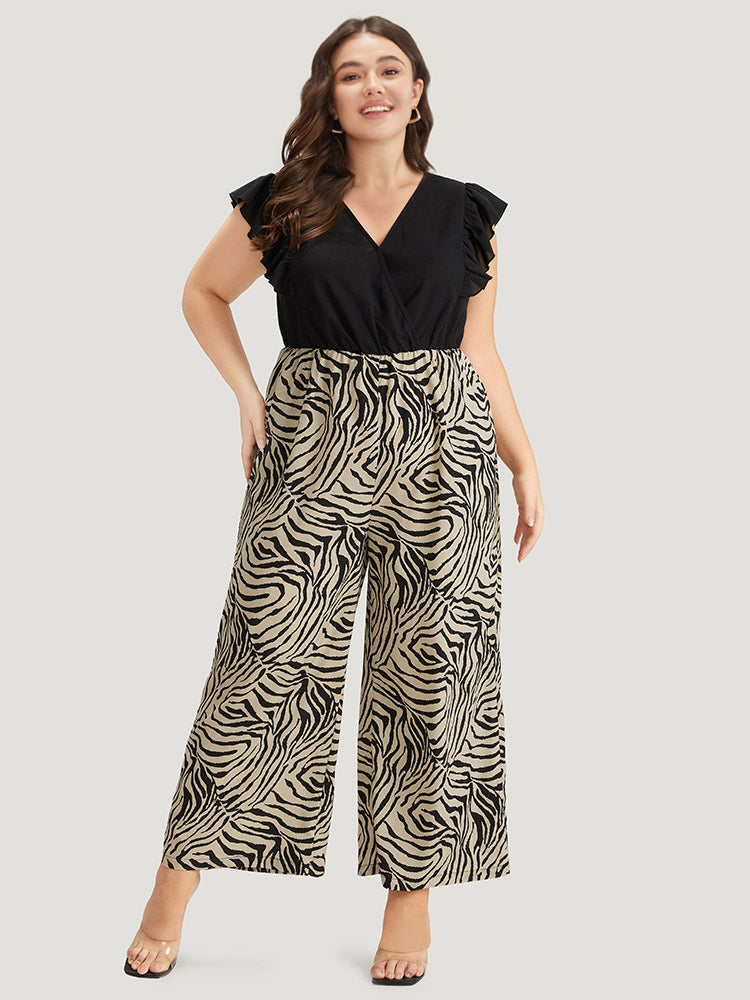 Zebra Patchwork Contrast Ruffle Cap Sleeve Pocket Jumpsuit