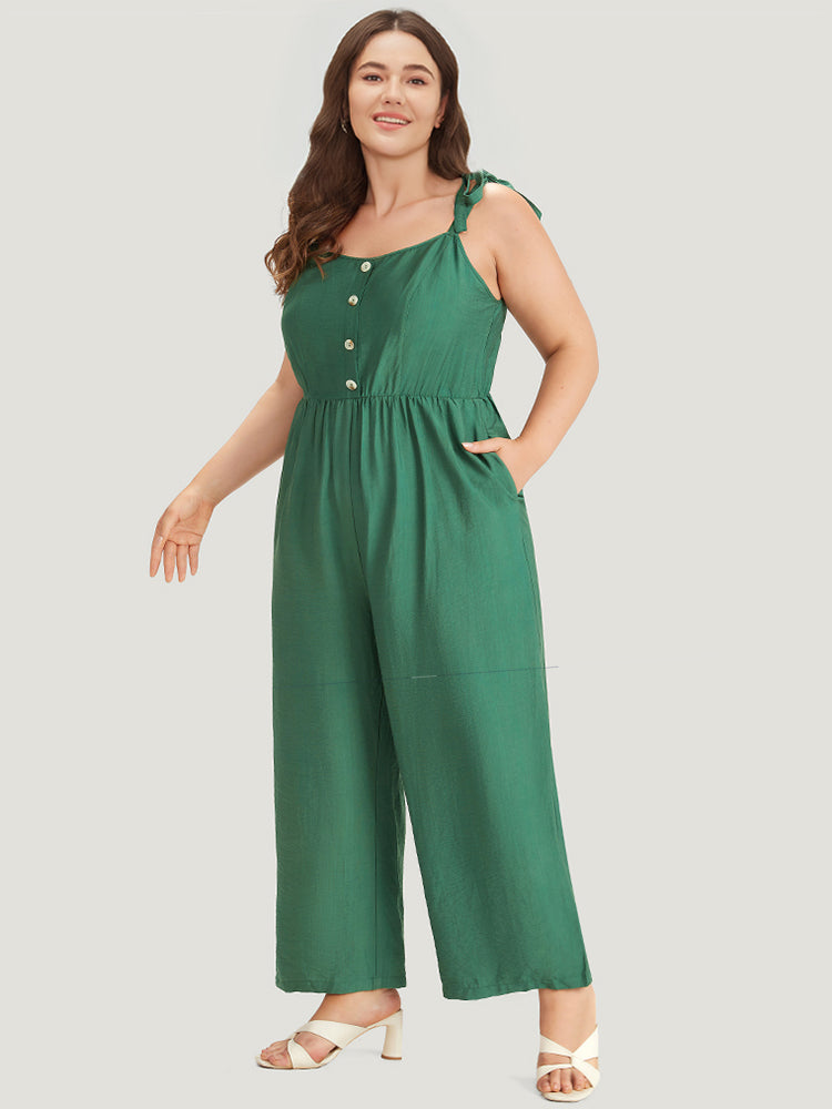 Solid Button Detail Pocket Elastic Waist Knotted Shoulder Jumpsuit