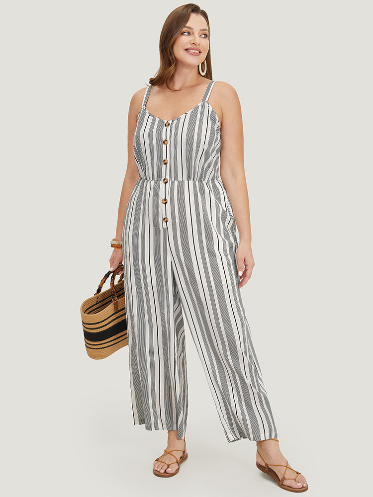 Striped Print Button Pocket Detail Cami Jumpsuit