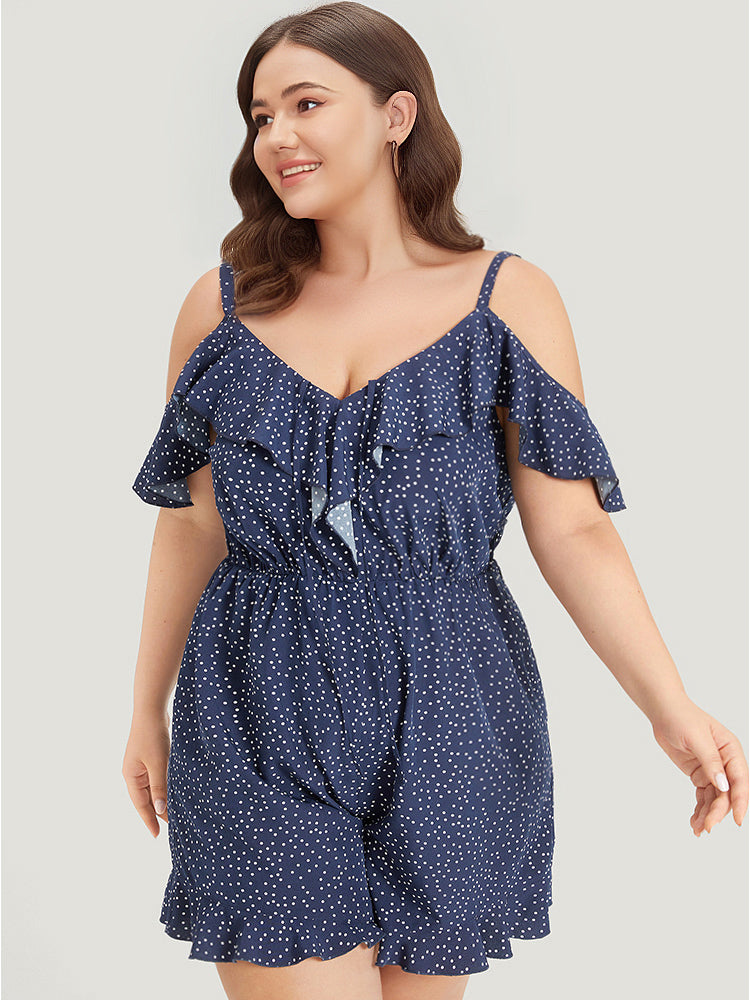 Polka Dot Ruffle Trim Tie Neck Cut Out Elastic Waist Jumpsuit