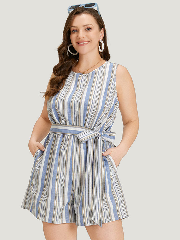 Striped Pocket Cut Out Knot Sleeveless Jumpsuit