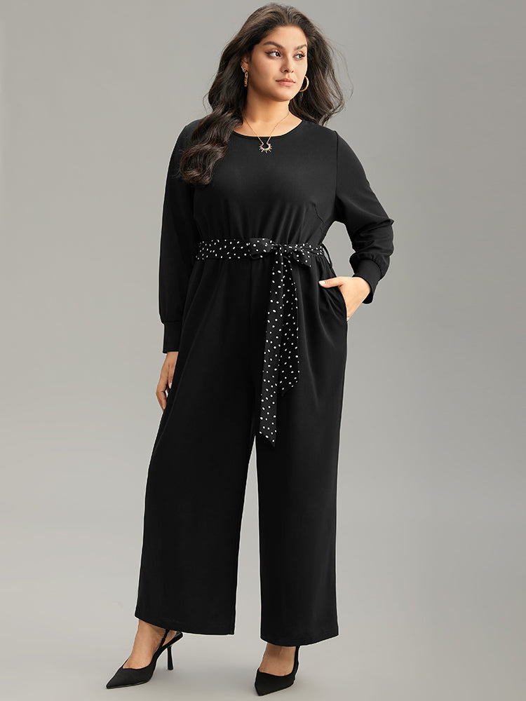 Polka Dot Belted Pocket Elastic Waist Jumpsuit