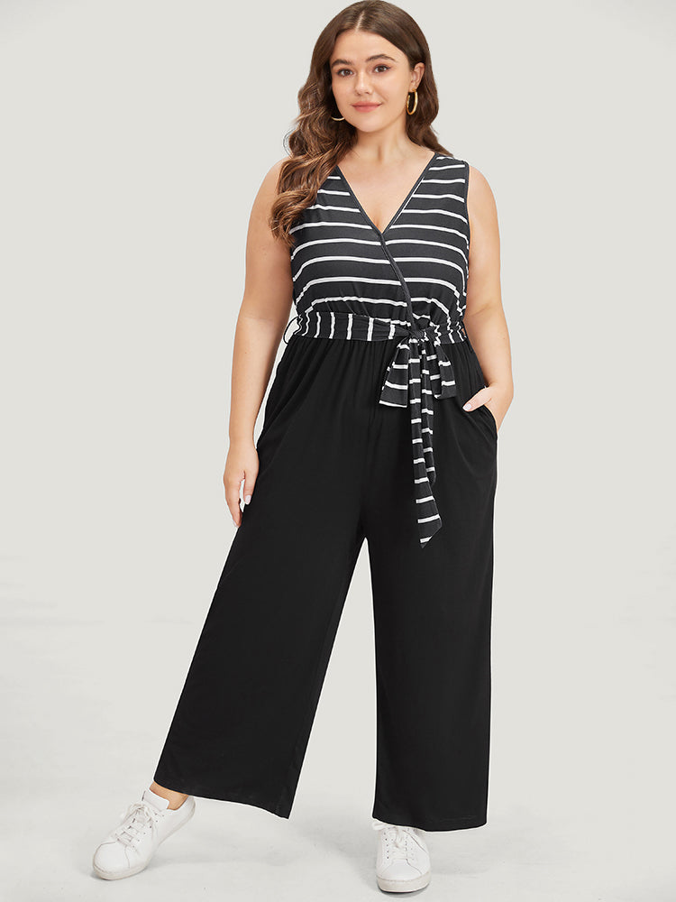 Striped Patchwork Pocket Wrap Belted Sleeveless Jumpsuit