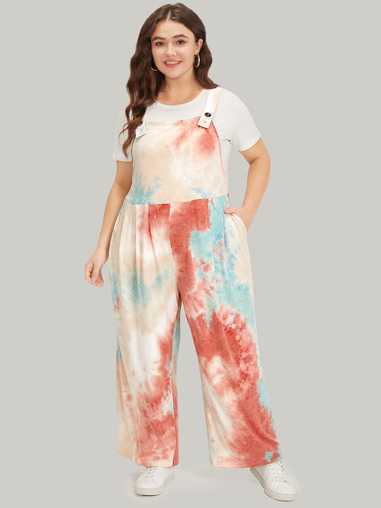 Tie Dye Pocket Button Adjustable Straps Jumpsuit