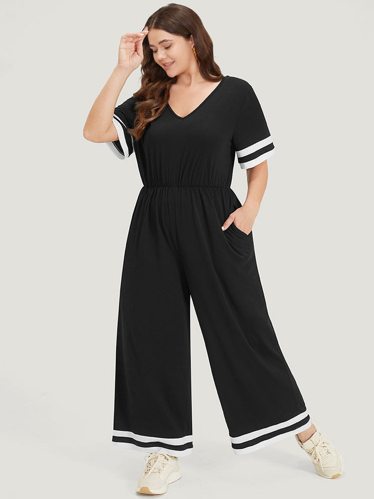 Striped Contrast V Neck Pocket Elastic Waist Jumpsuit