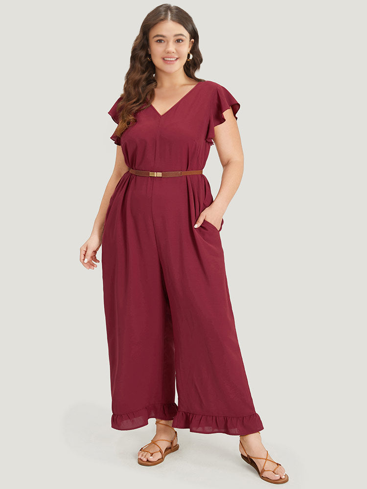 Plain Ruffle Cap Sleeve V Neck Zipper Jumpsuit