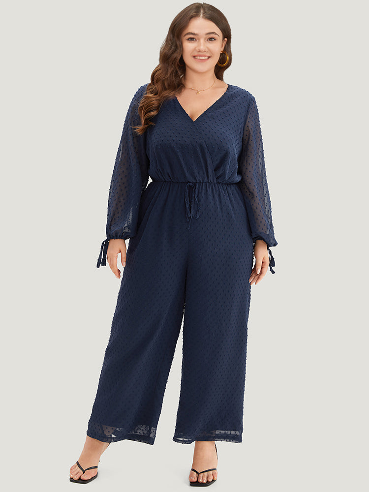 Polka Dot Mesh Ties Lantern Sleeve Jumpsuit