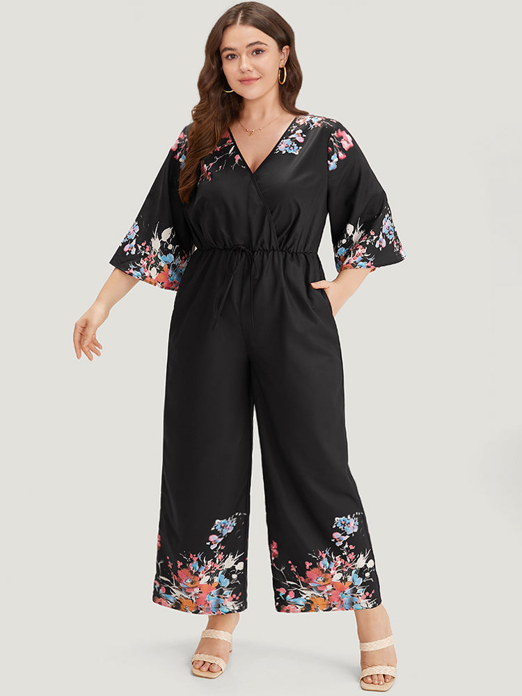 Boho Print Drawstring Pocket Flutter Sleeve Jumpsuit