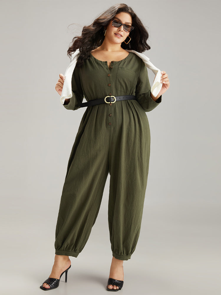 Plain Pocket Button Up Pleated Jumpsuit