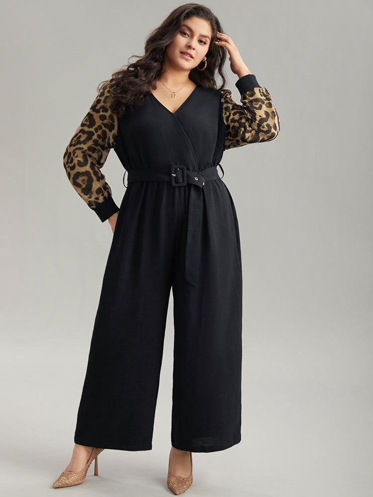 Leopard Patchwork Wrap Buckle Detail Belted Jumpsuit