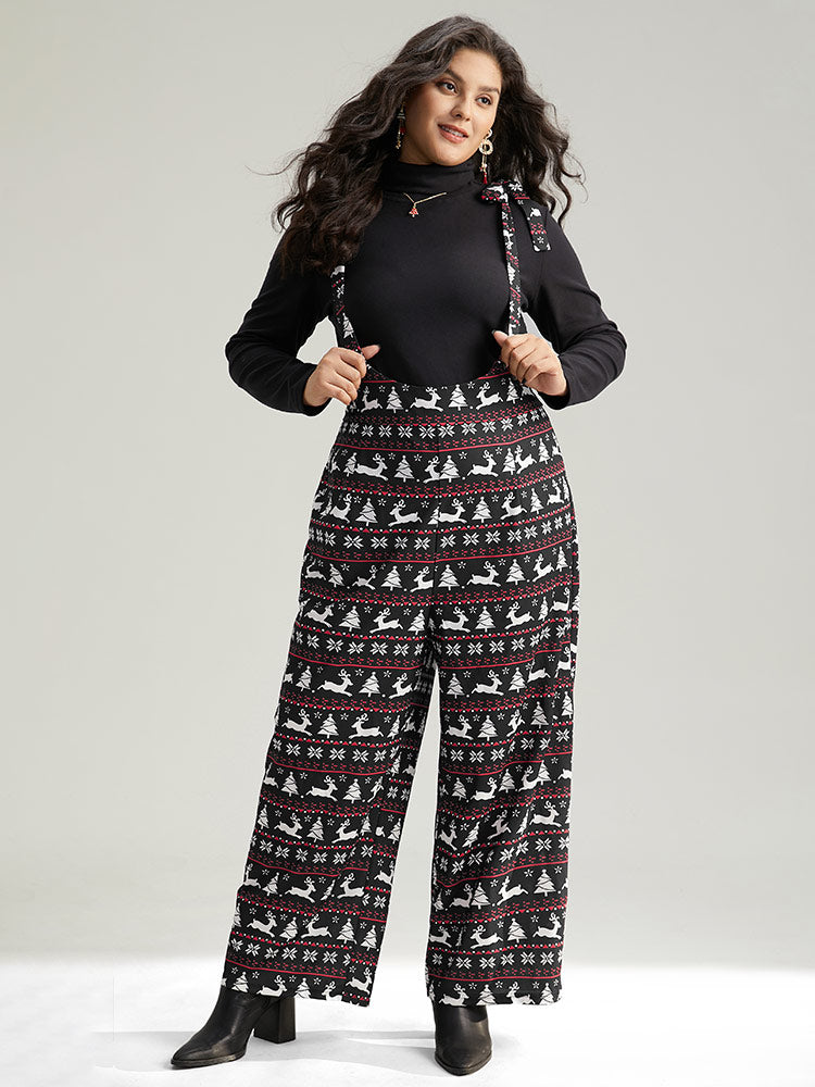 Christmas Elk Print Elastic Waist Knot Jumpsuit