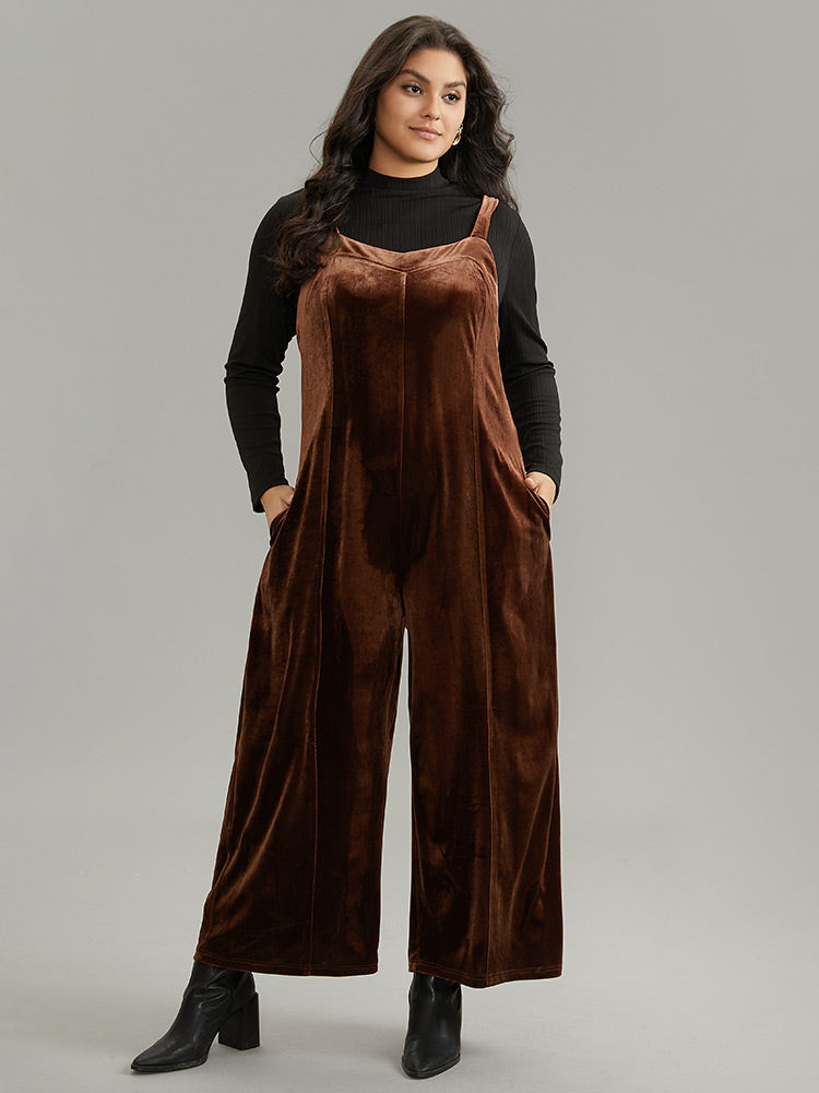 Plain Velvet Spaghetti Strap Pocket Jumpsuit