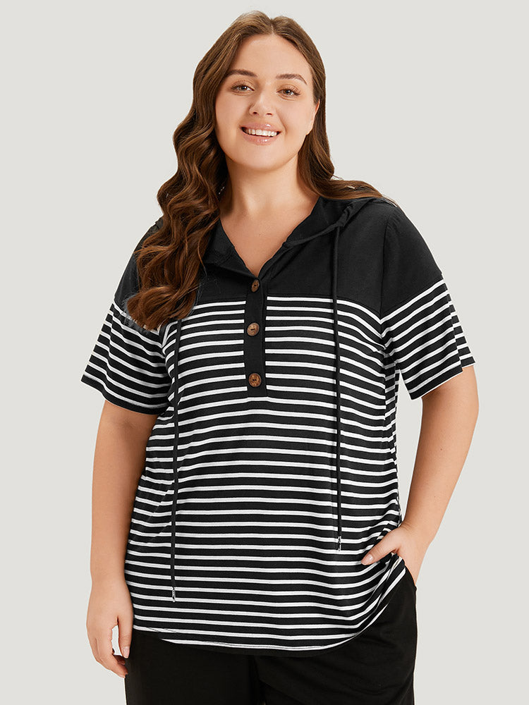 Striped Contrast Drawstring Hooded Button Up T-shirt