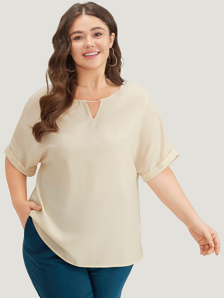 Anti-Wrinkle Solid Keyhole Roll Sleeve Metal Detail Woven Top