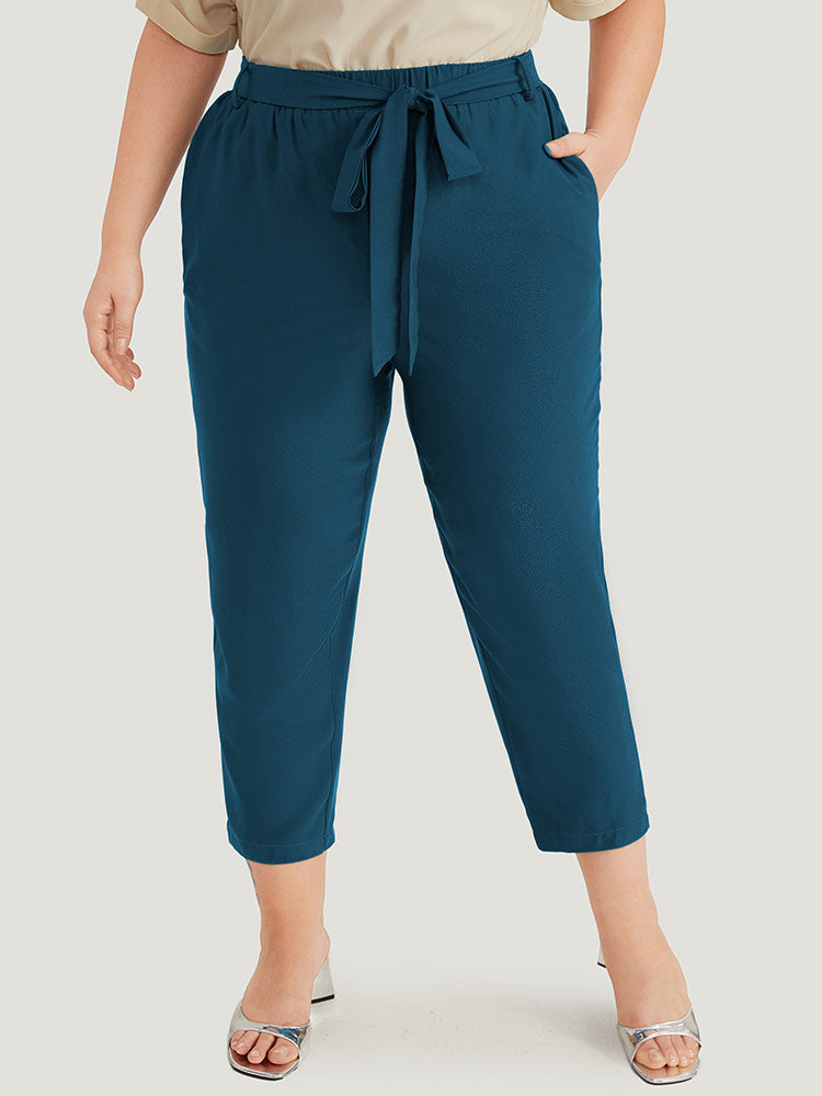 Anti-Wrinkle Plain Belted Pocket Elastic Waist Woven Pants